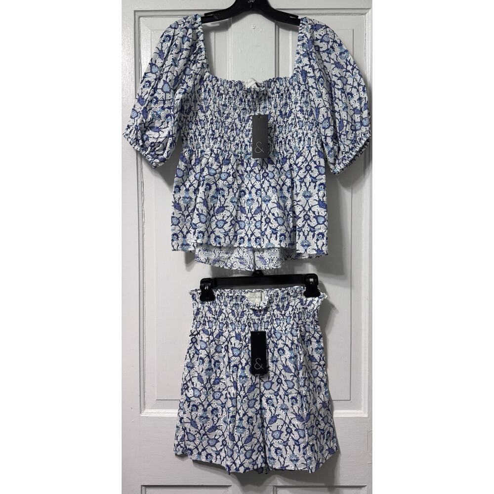 NWT Sachin Babi Blue Floral Eyelet “Millie Vine” Top & Shorts Set Size S